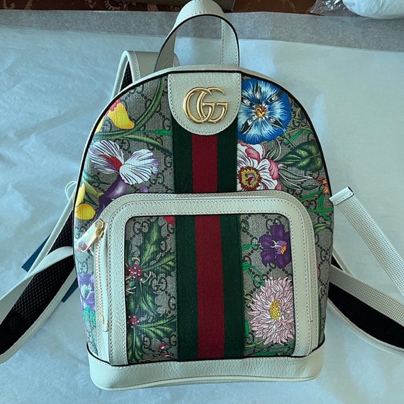 Gucci Ophidia Flora Beige White Leather Canvas Backpack Shoulder Bag Italy NEW main image 7
